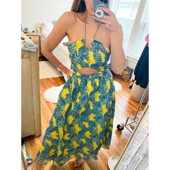 Tanya Taylor Yellow and Blue Floral Palm Print Halter Maxi Dress Size 2 - Picture 5 of 10